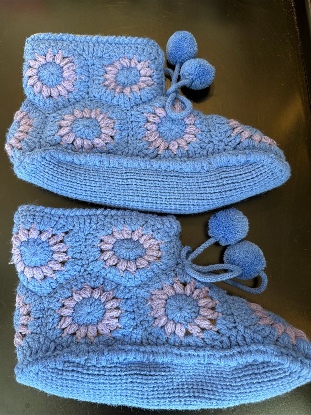 Crochet Pom-Pom Slipper Boots in Blue and Lavender Handmade with Love